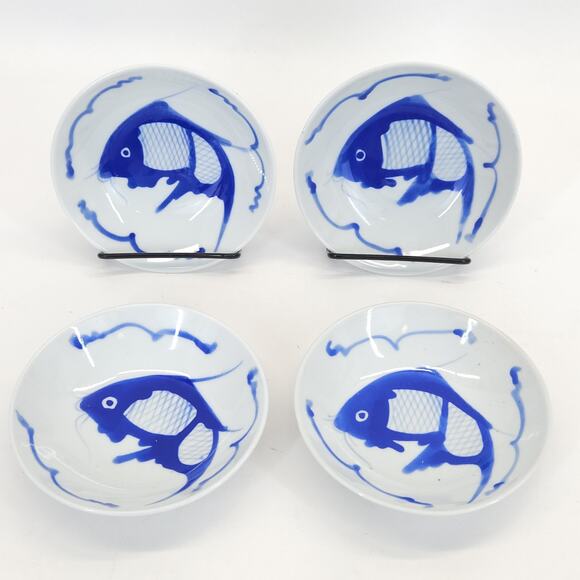 Vtg Chinese Koi Fish Dipping Dish Saucer Cobalt Blue Ceramic Handpainted 5" 4pcs - Picture 1 of 5